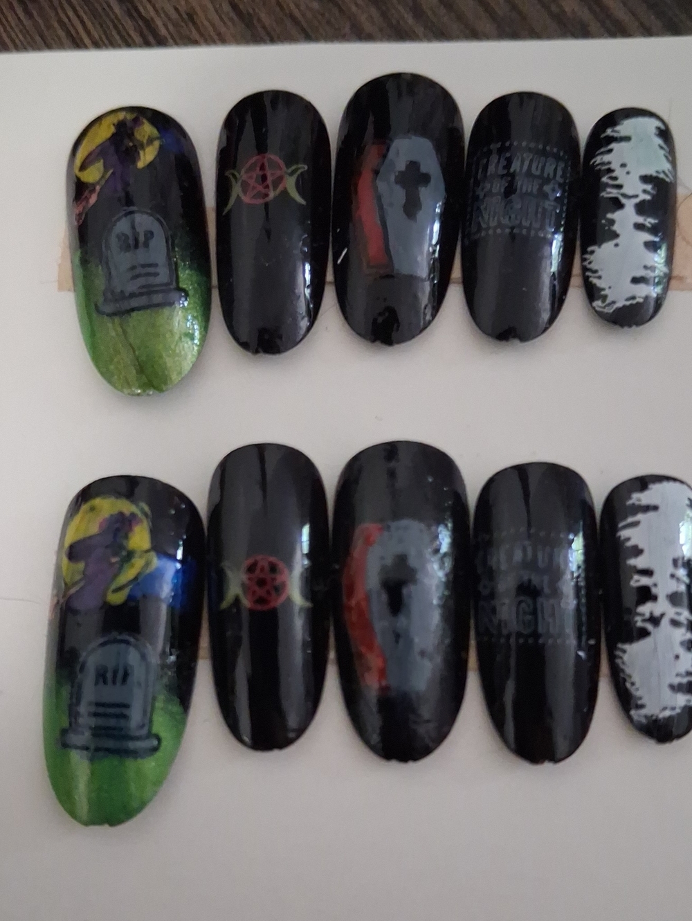 Black Halloween Tombstone Press-On Nails with Green Accents